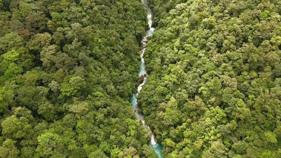 Aerial view of Río Celeste river through the rainforest in Bijagua, Costa Rica